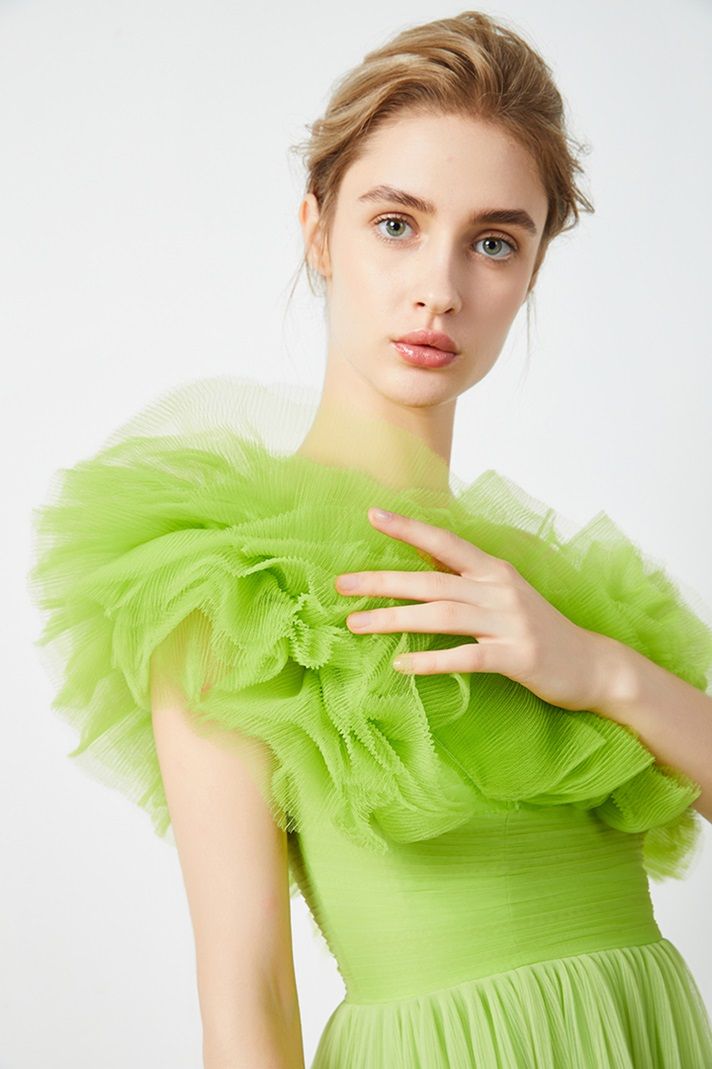 Frill trimming neckline dress