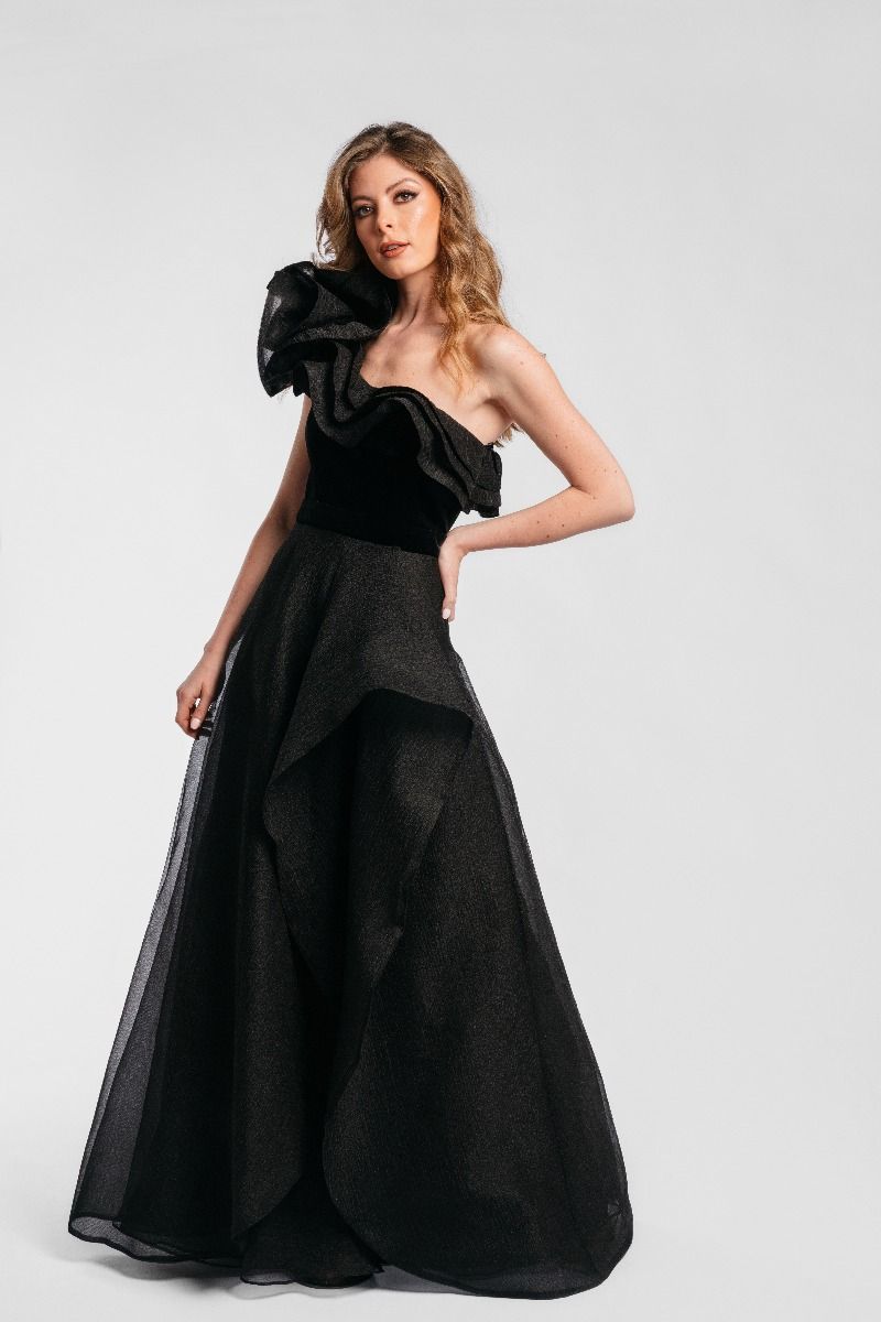 vivid flare; tiered ruffled shoulder dress
