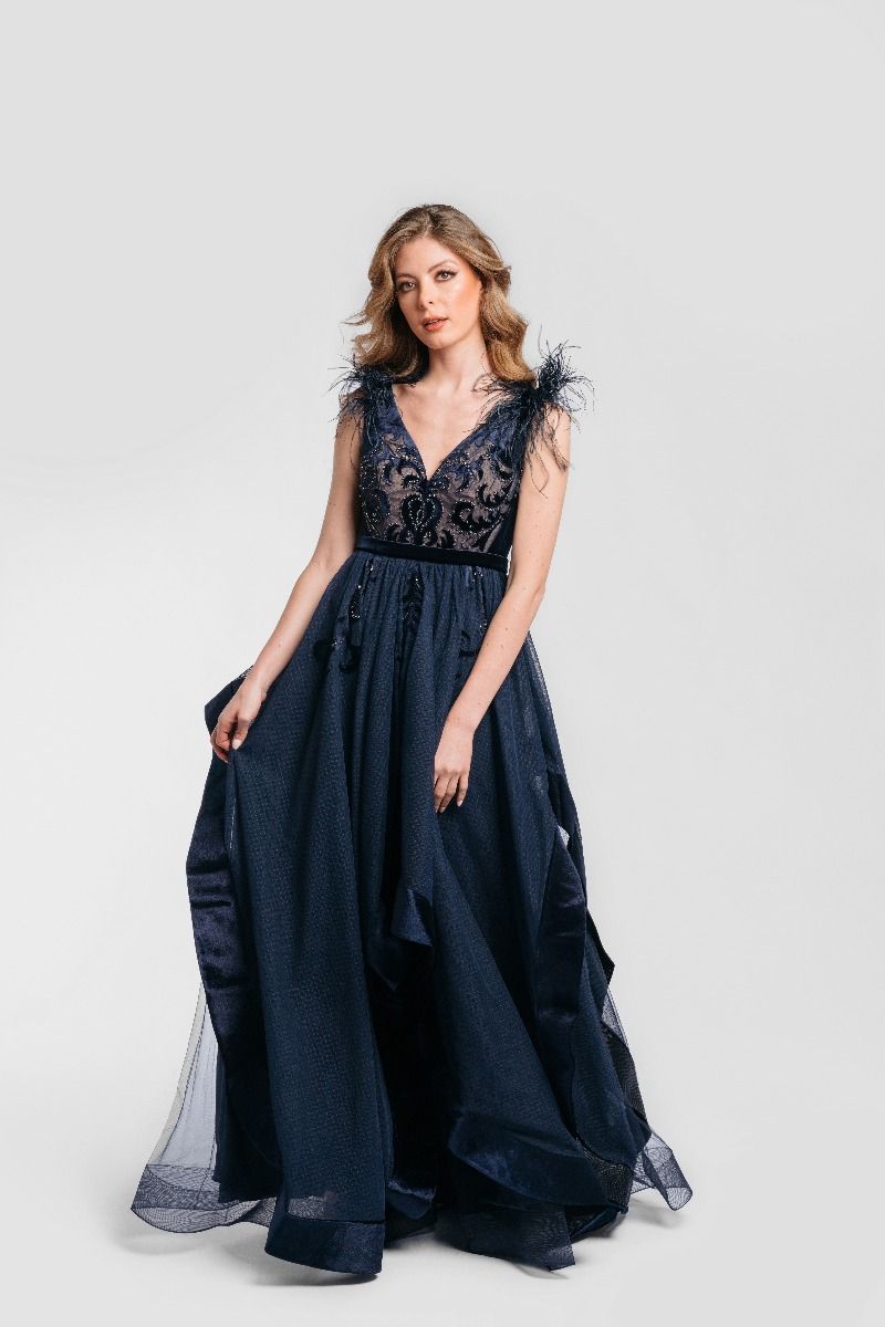 embellished feather shoulders dress