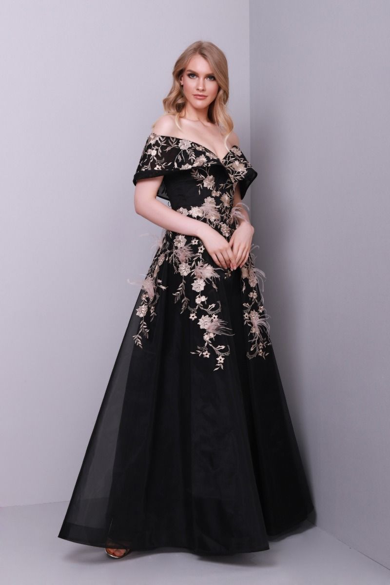 Floral and feather appliqué dress